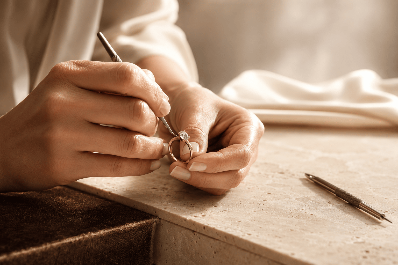 An artisan's hands carefully refining a gemstone ring at a cream-toned jewellery workbench