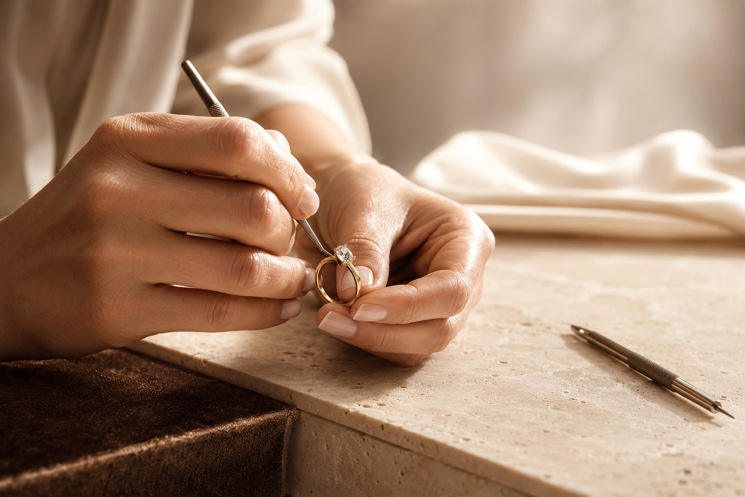 An artisan's hands carefully shaping a gold ring at a cream-toned jewellery workbench
